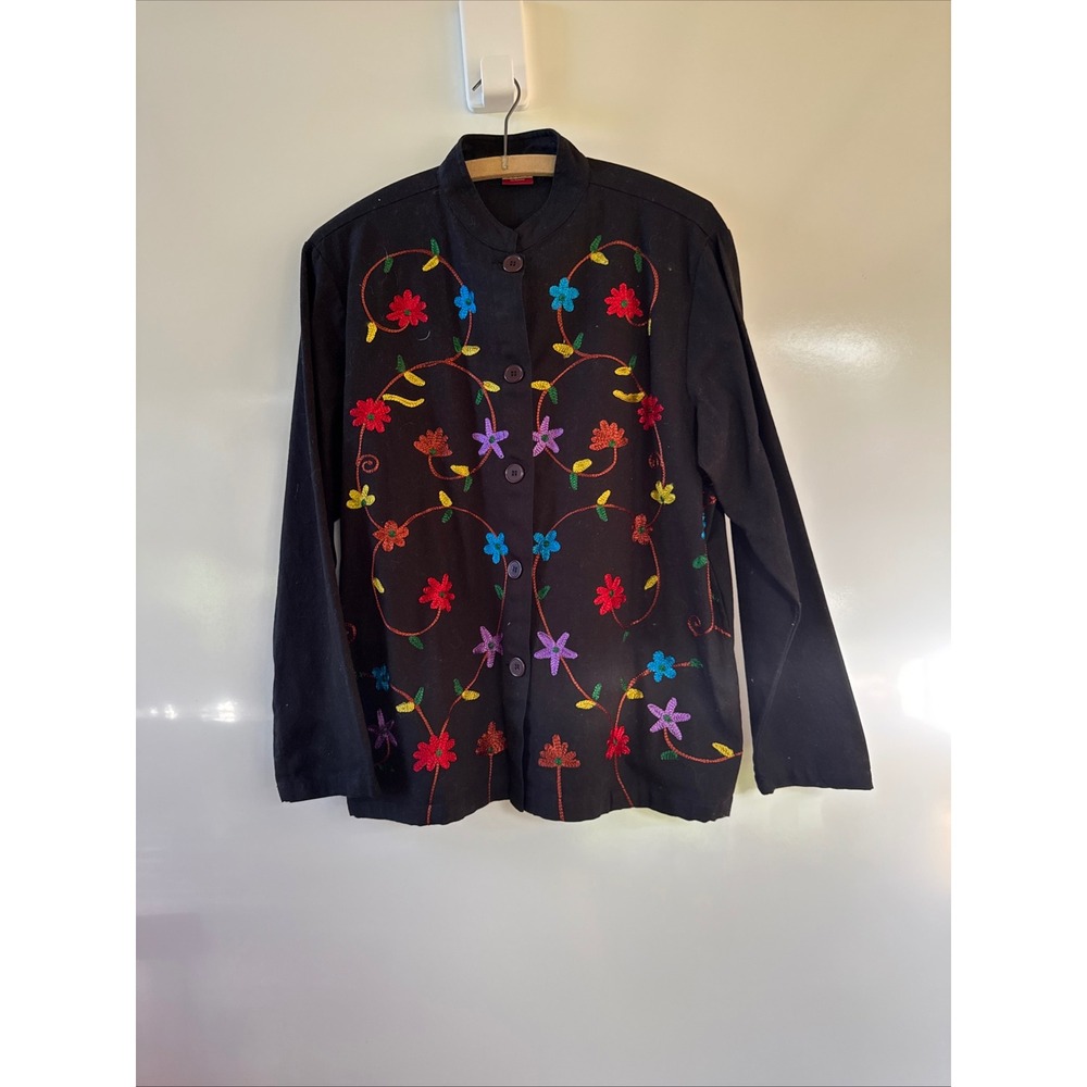 Tudor Court by‎ Haband Womens Black Cotton Floral Embroidered Button Up M Flawed